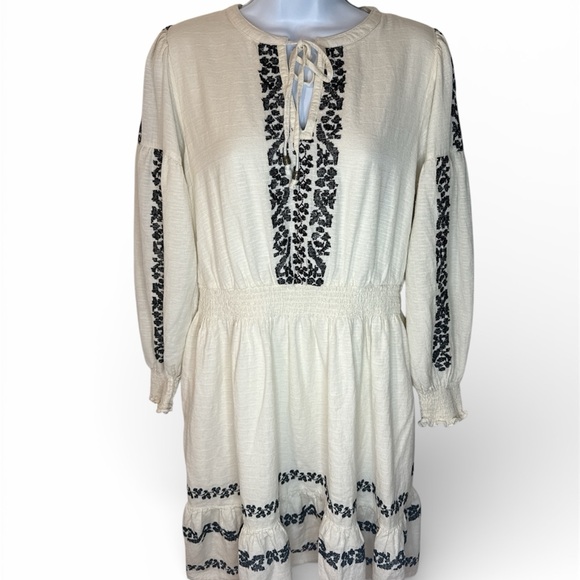 Fat Face Ivory embroidered Black Long Sleeve Dress Size 8 - Picture 2 of 12